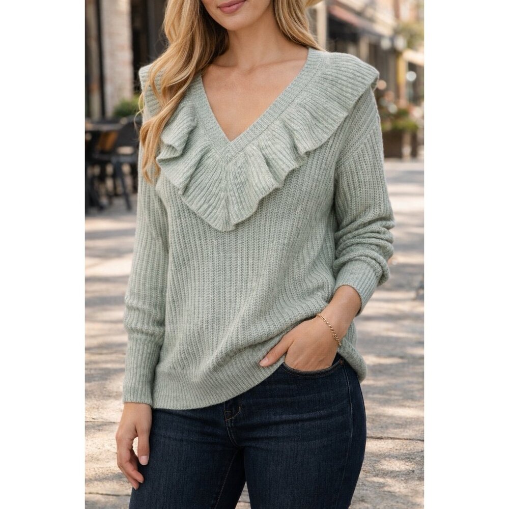 Ruffle V Neck Sweater Medium Green Soft A New Day NWOT